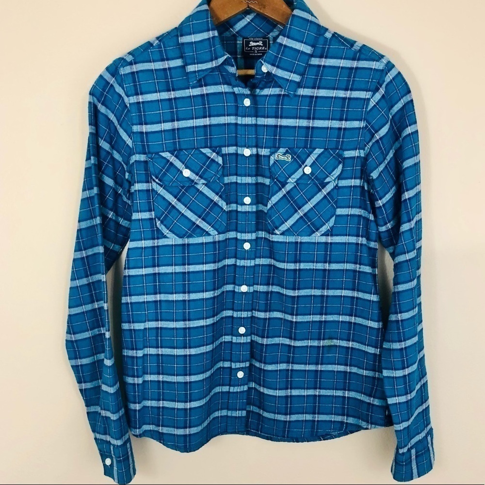 Le Tigre Blue Plaid long sleeve flannel button down women’s size Small cozy warm